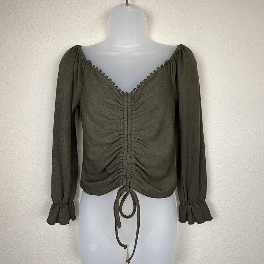 Women's Olive Green Ruched Crop Top Long Sleeve Square Neck‎ Peasant Cottagecore